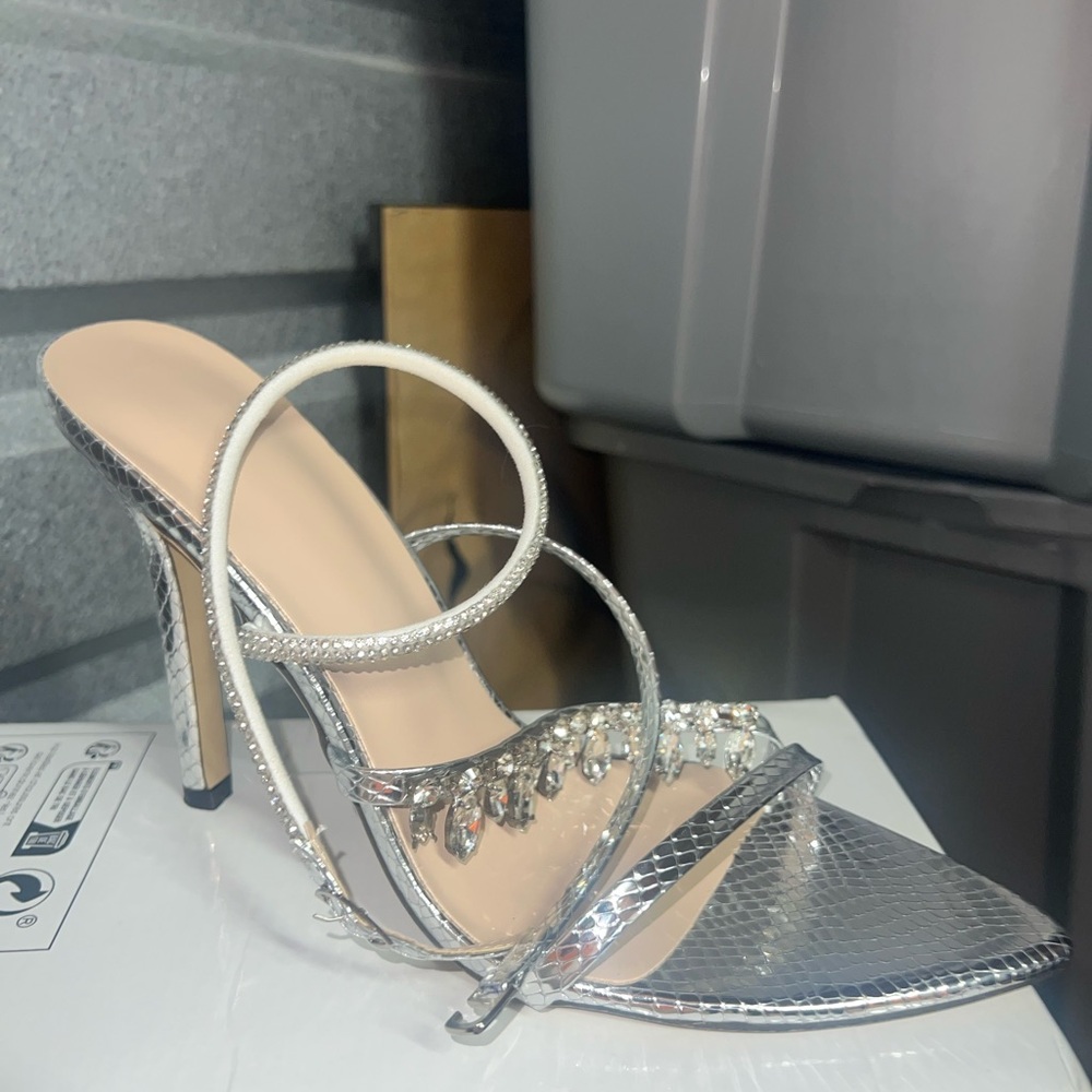SHEIN Silver Snakeskin Strappy Heels